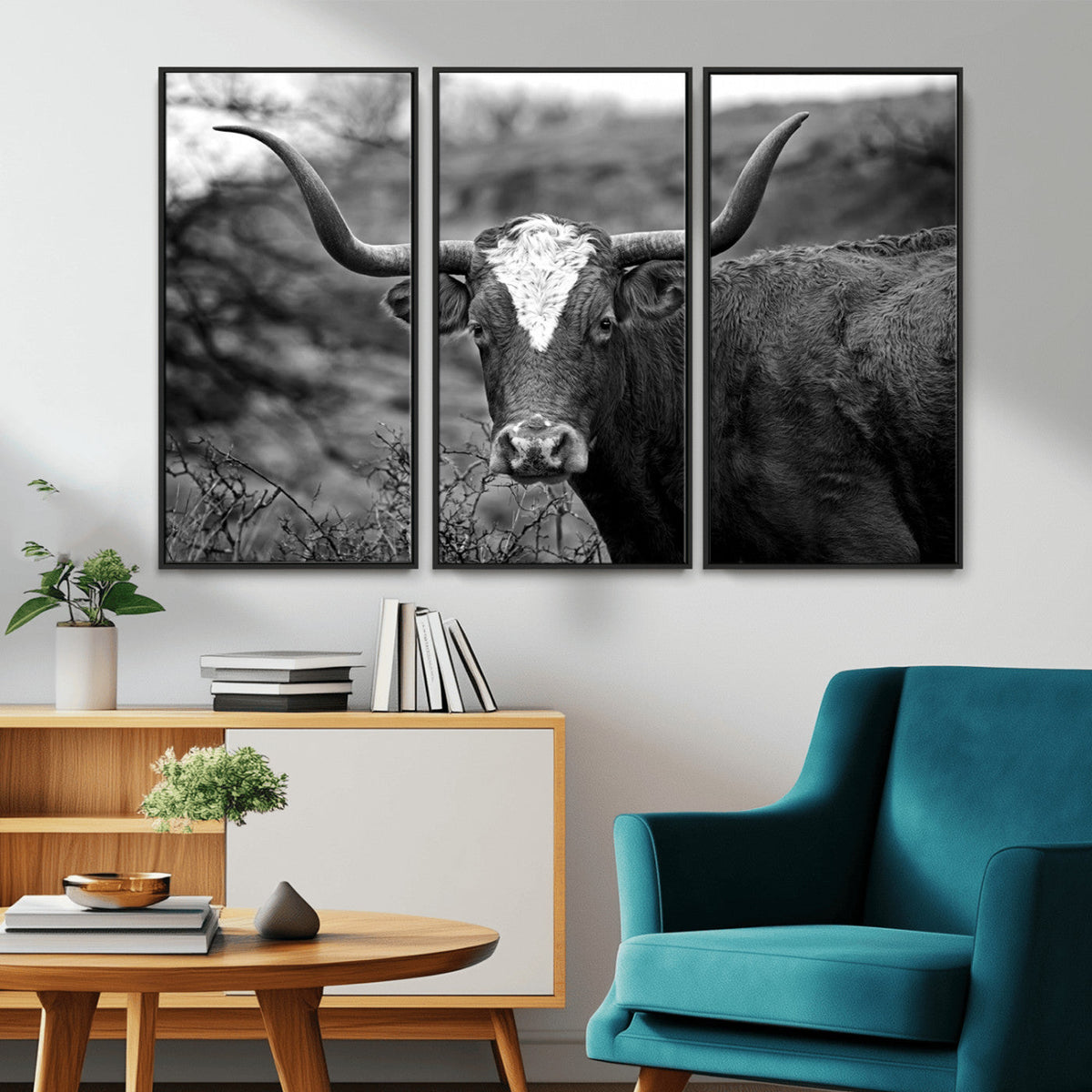 Western Home Wall Art Canvas Print, Framed Texas Longhorn