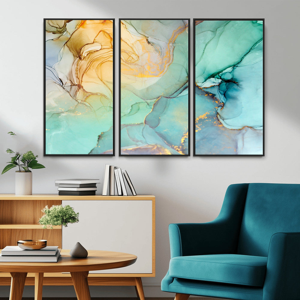 Abstract Aqua and Gold Fluid Wall Art Canvas | 3 Panel Large