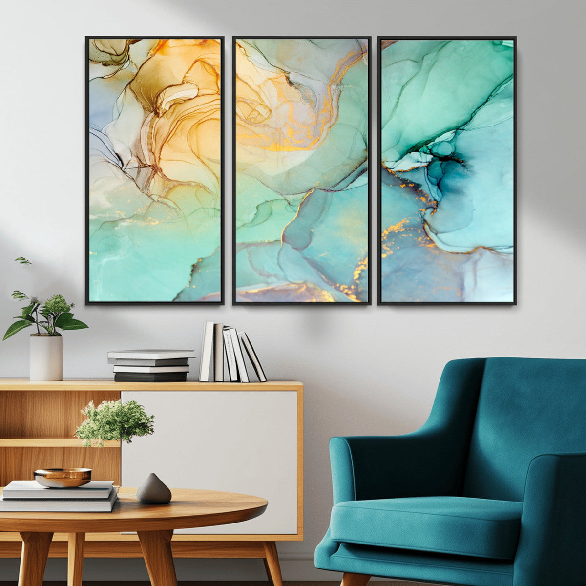 Abstract Aqua and Gold Fluid Wall Art Canvas | 3 Panel Large