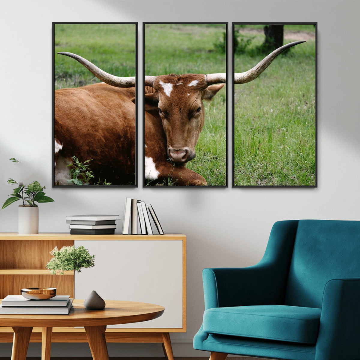 Longhorn Steer Canvas Wall Art – Rustic Nature Triptych