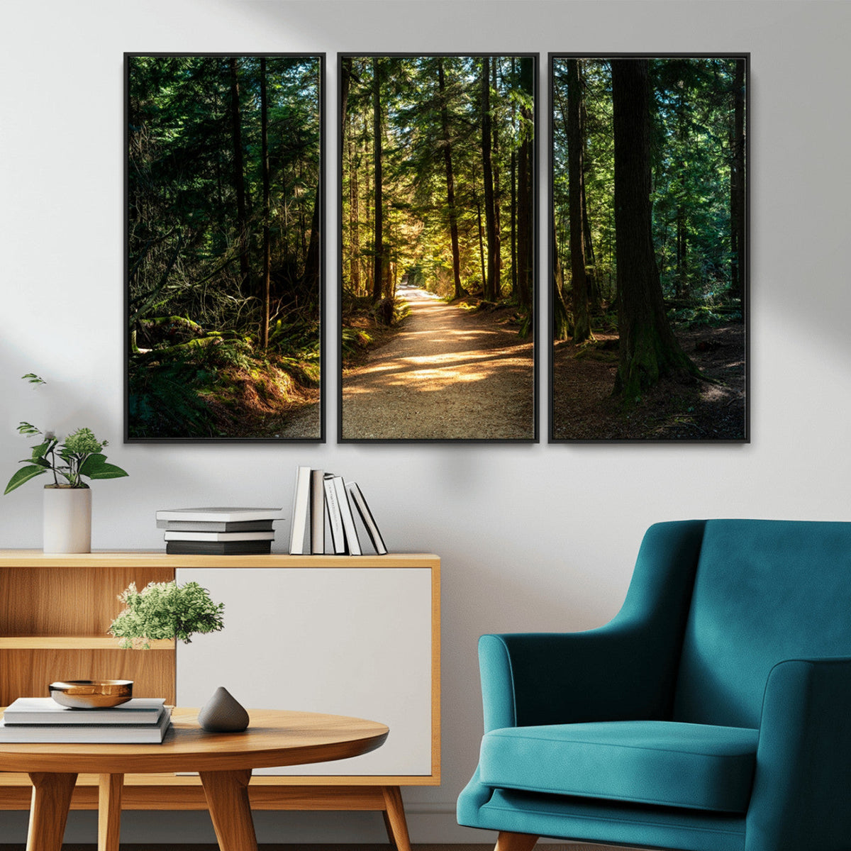 Sunlit Forest Pathway Canvas Print | 3 Panel Large Nature