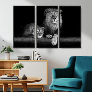 Large Black and White Lion Couple Wall Art Canvas Print –