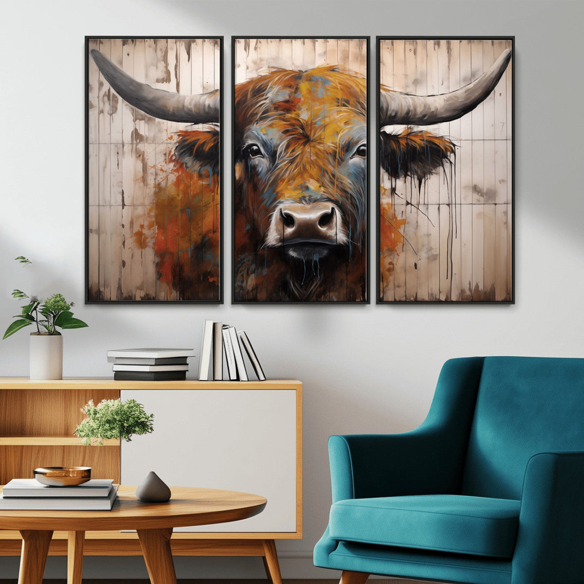 Abstract Bull Highland Cow Canvas Wall Art Print – Vibrant