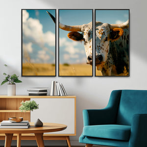 Longhorn in the Prairie - Stunning Ranch-Style Triptych Wall