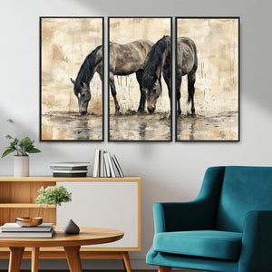 Chinese Style Abstract Black Horses Wall Art Canvas Print -