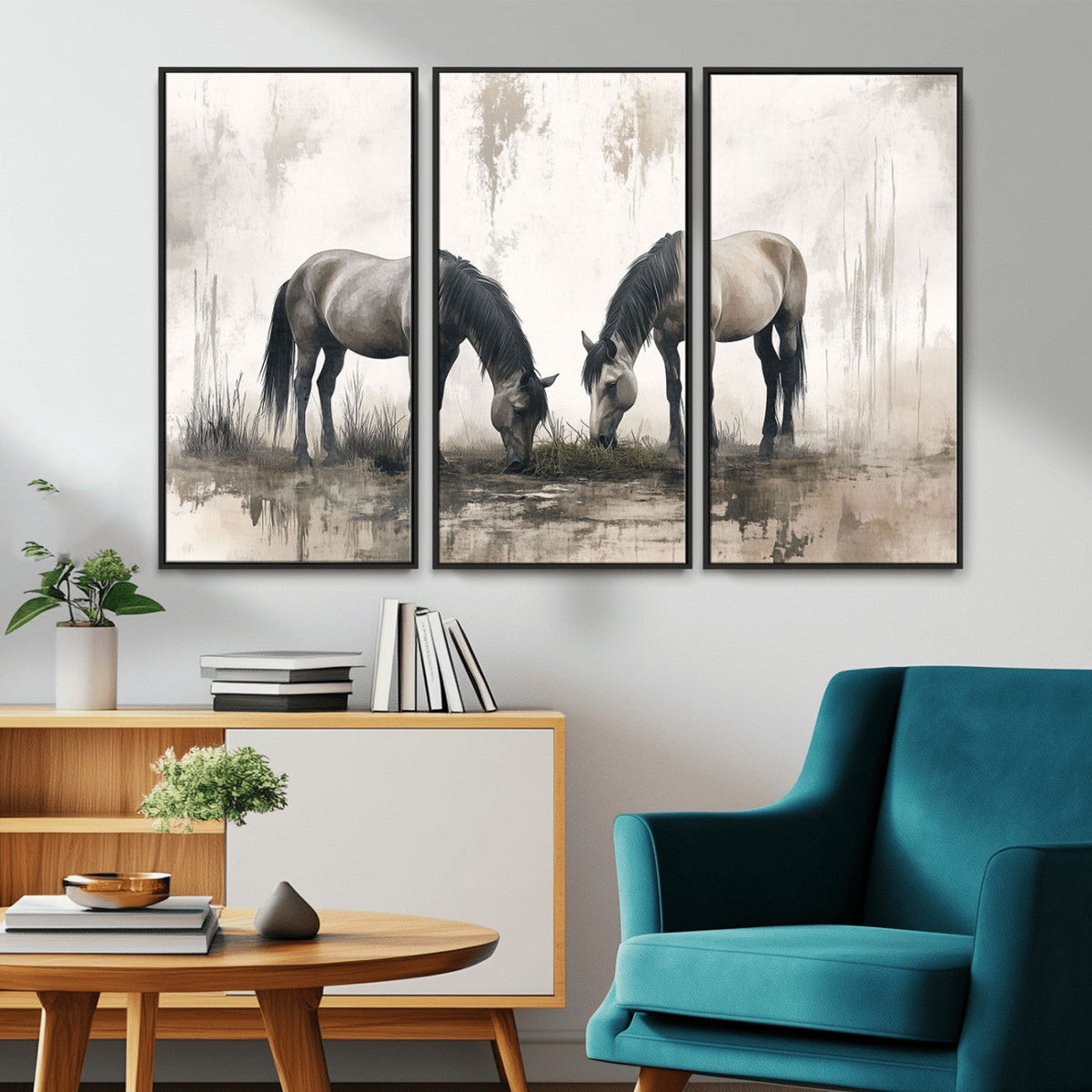 Chines Ink Style Vintage Horses Wall Art Canvas Print for