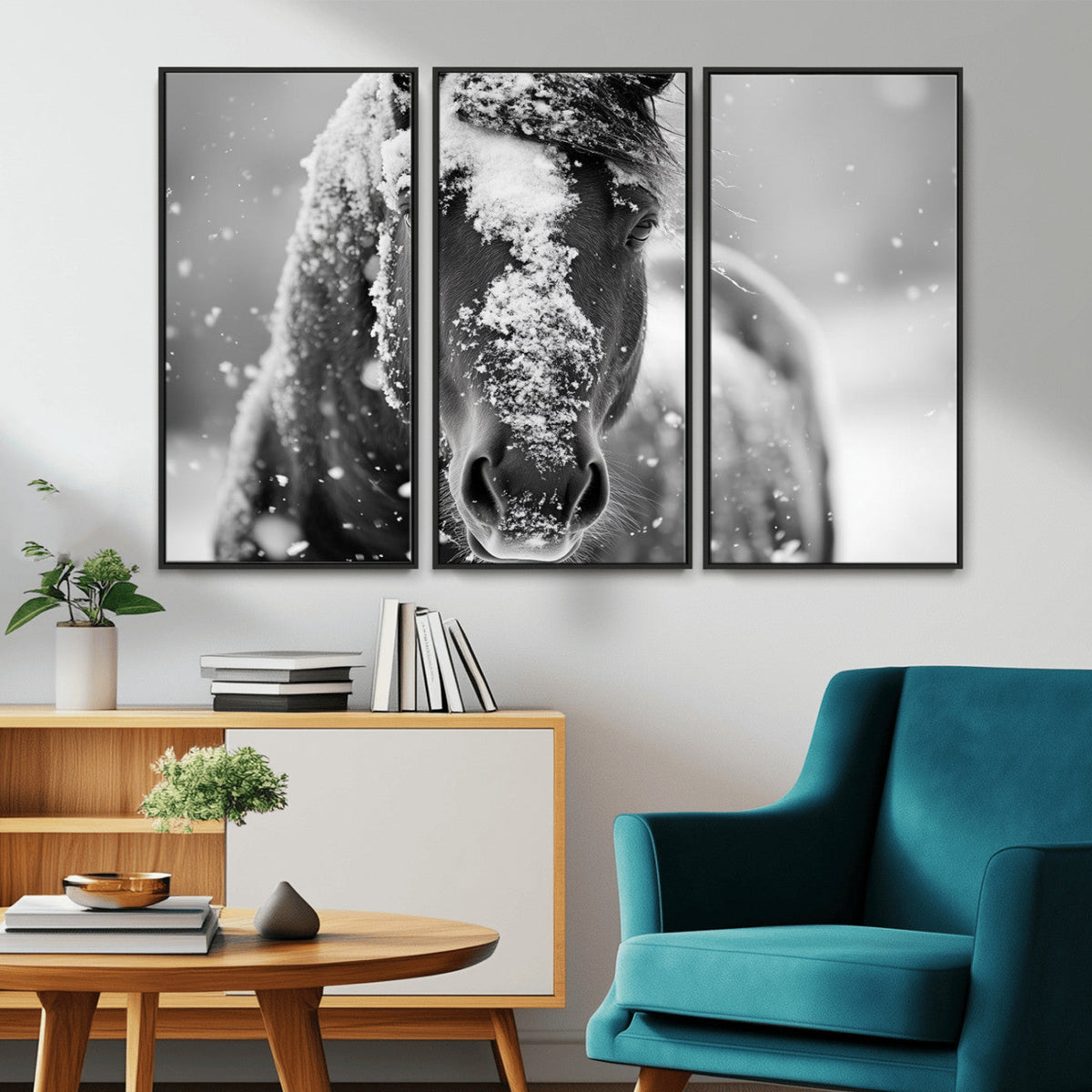 Black and White Horse Winter Wall Art | Ready to Hang and