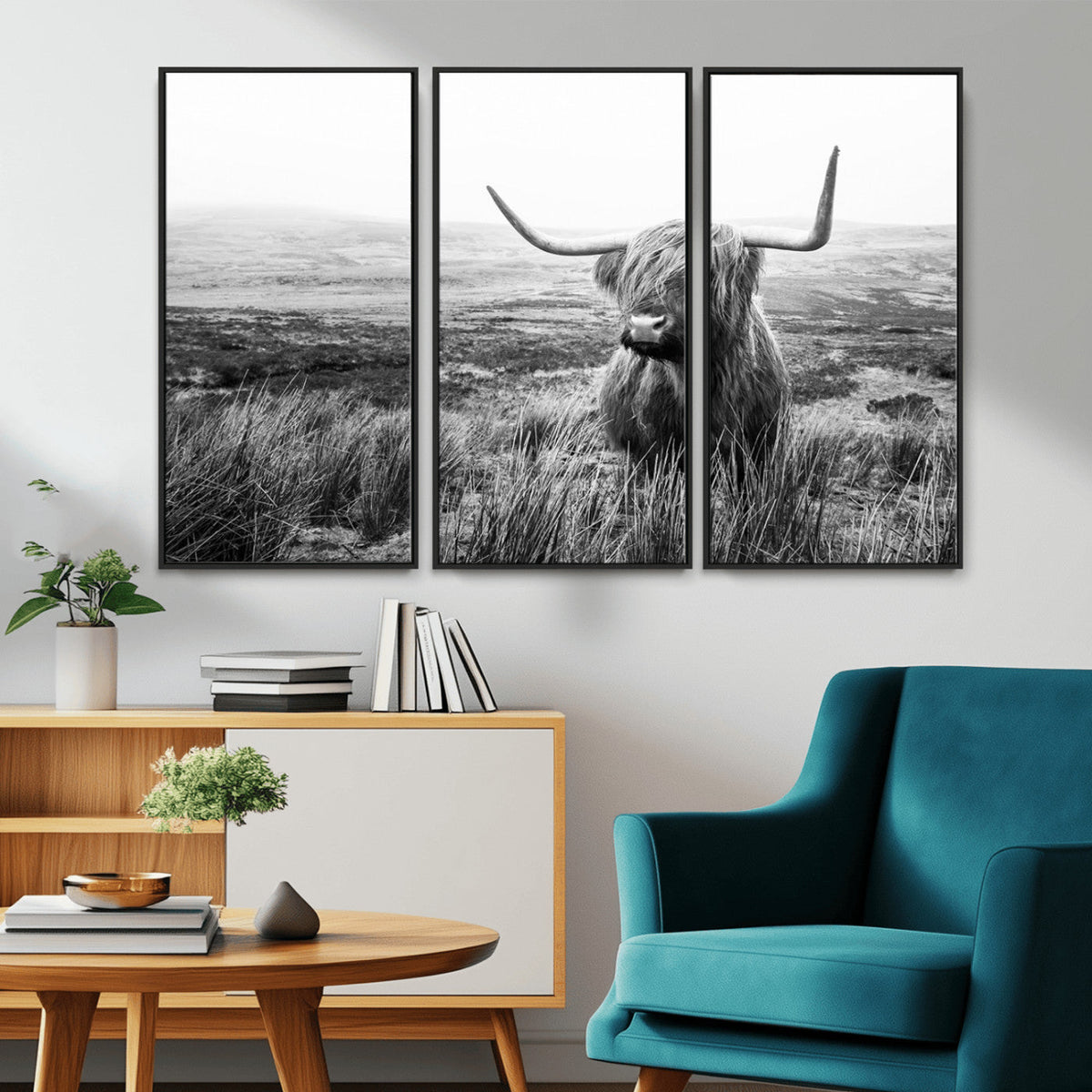 Scottish Highland Cow Wall Art | Black and White Canvas