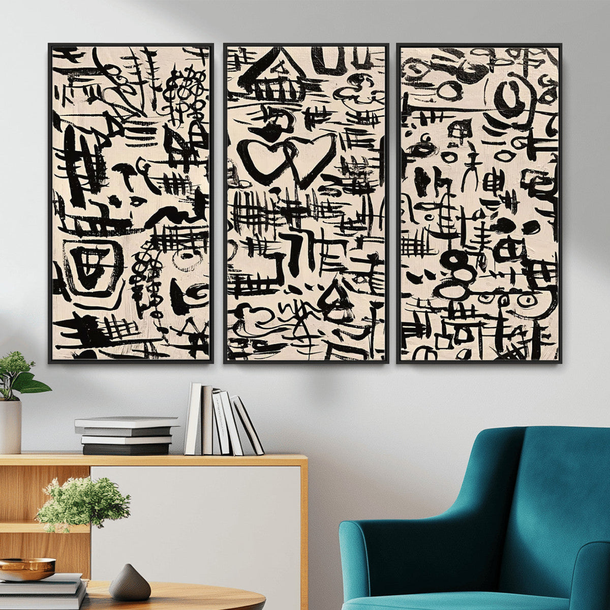 Abstract Love and Chaos Canvas Print, Black Symbols on Beige