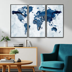 Modern Blue World Map Canvas Print – Framed Wall Art,