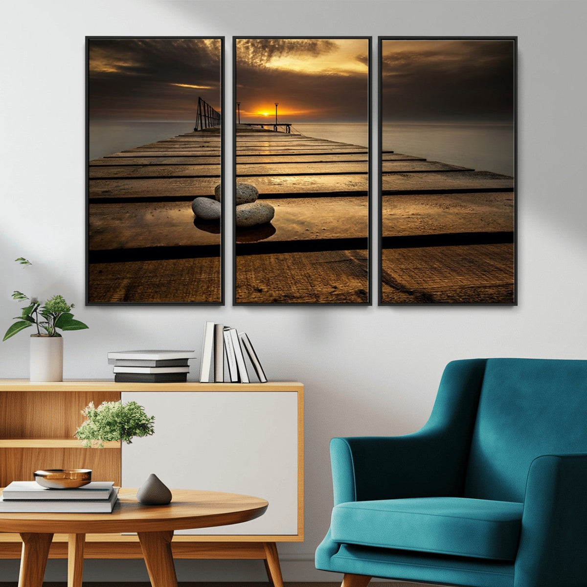 Stones on Wooden Pier at Sunset Canvas Print, Serene Coastal