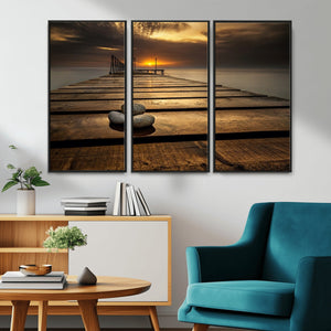 Stones on Wooden Pier at Sunset Canvas Print, Serene Coastal