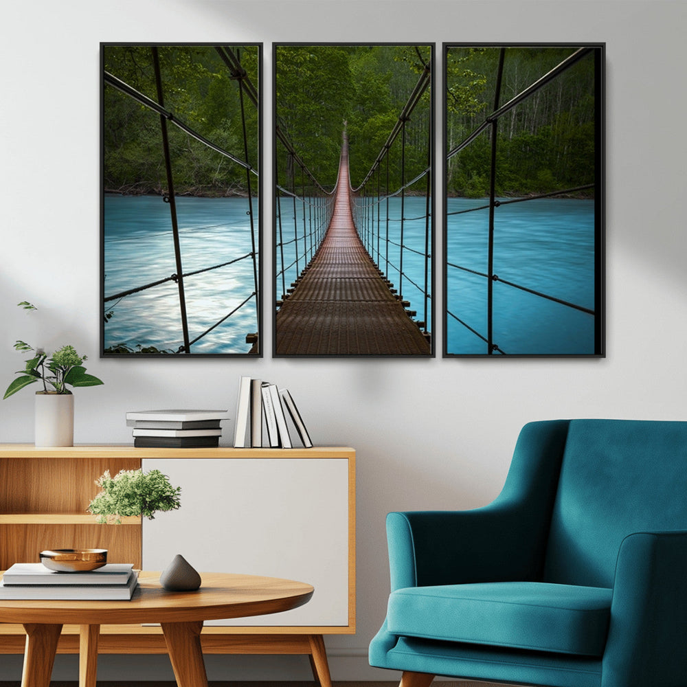 Suspension Bridge Over River Canvas Art | 3-Panel Nature