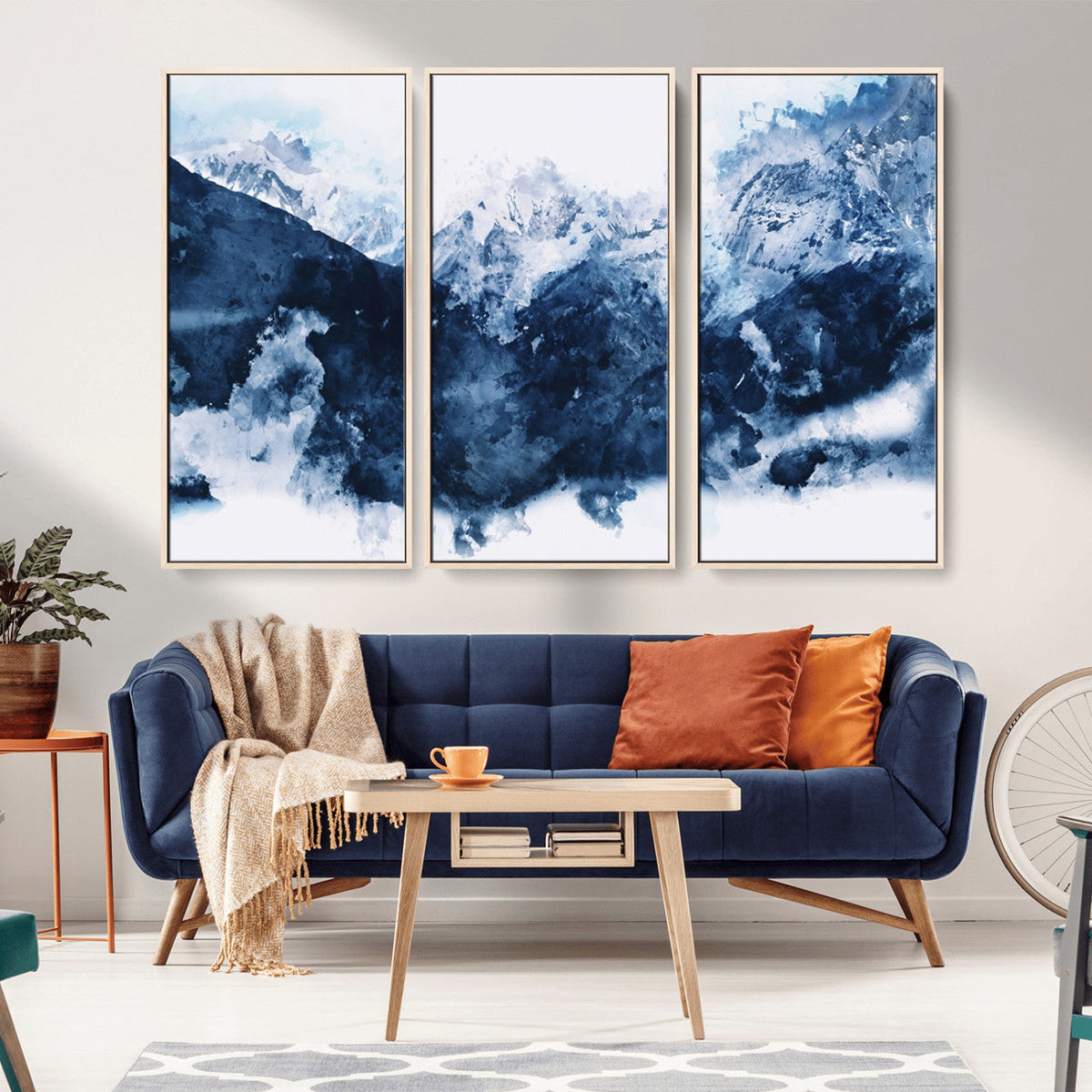 Abstract Blue Mountain Canvas Wall Art – Modern Triptych