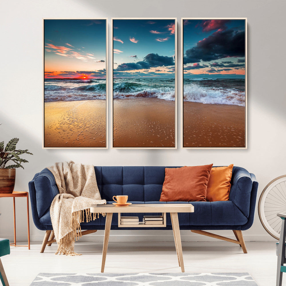 Sunset on Beach Wall Art Ocean Beach Canvas Print