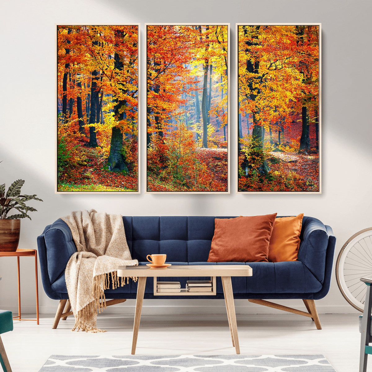 Autumn Red Forest Triptych Canvas Wall Art Print, Forest