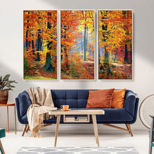 Autumn Red Forest Triptych Canvas Wall Art Print, Forest