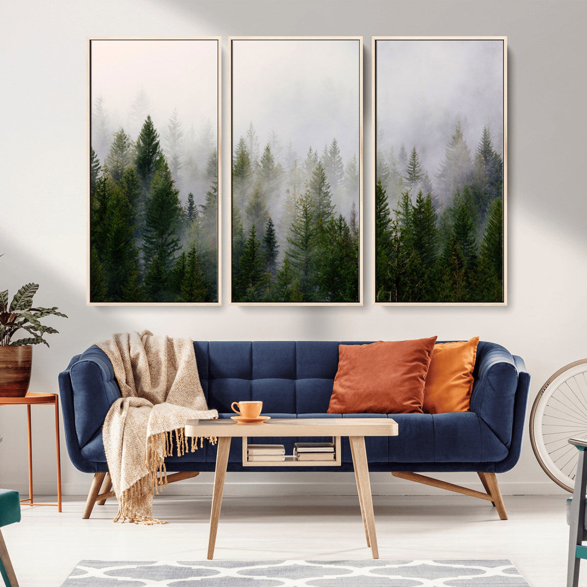 Misty Pine Forest Wall Art Canvas Print | 3 Panel Green