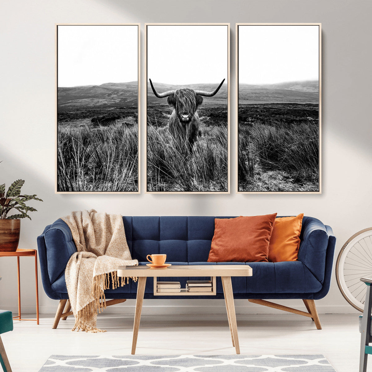 Black and White Highland Cow Canvas Wall Art, Longhorn