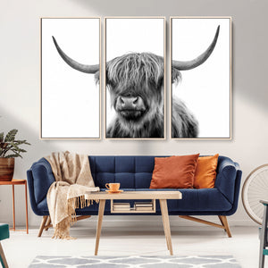 Grayscale Scottish Highland Cow Cattle Art Print Farmhouse
