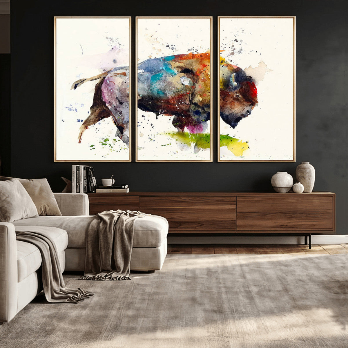 Abstract Buffalo Wall Art, Western Watercolor Bison Canvas