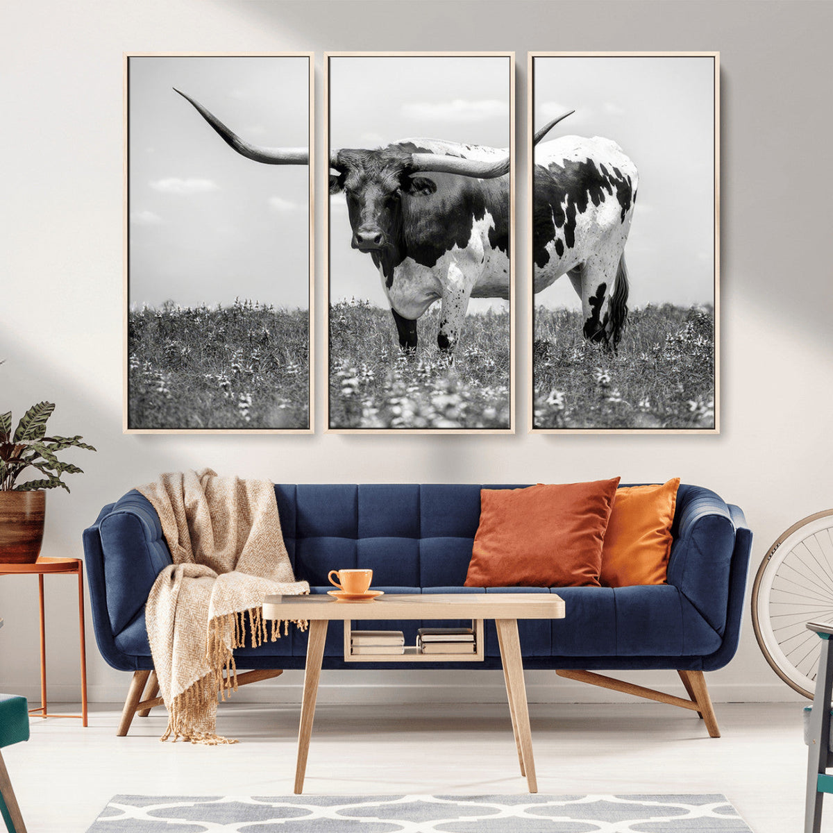 Texas Black White Highland Longhorn Cow Wall Art Canvas