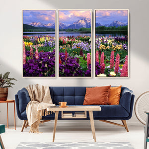 Vibrant Wildflower Garden and Mountain View Giclee Canvas