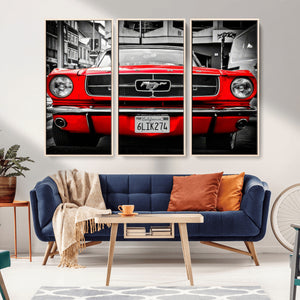 Red Mustang Car Wall Art – Framed Classic Vehicle Canvas