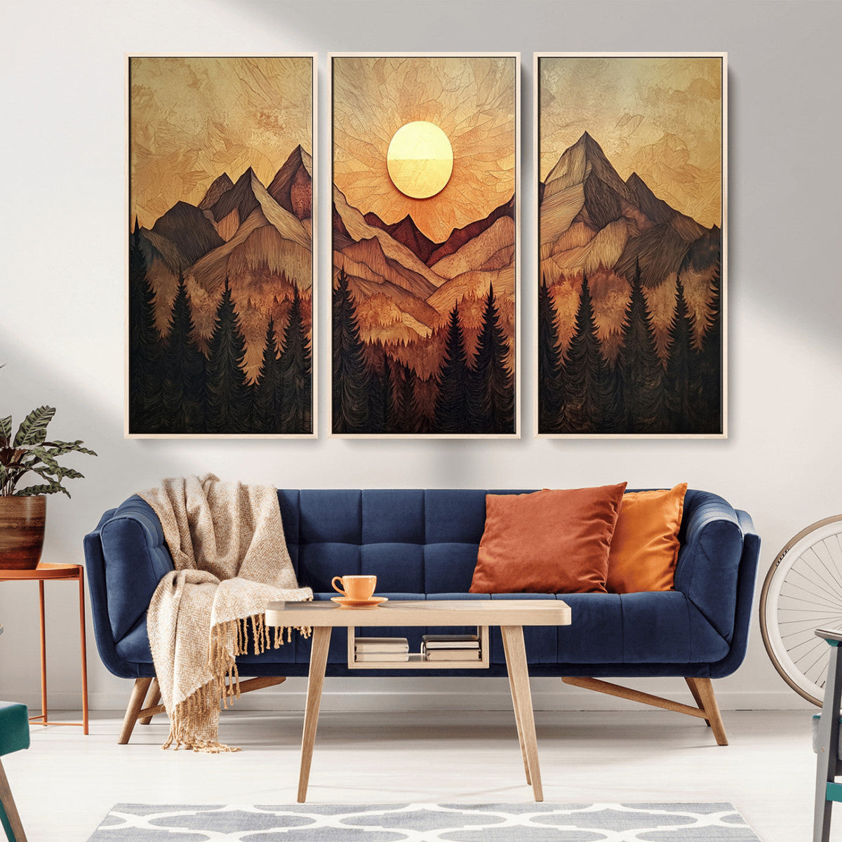 Wood Style Abstract Mountain Sunset Canvas Wall Art Print -