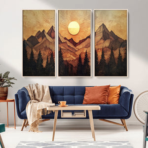 Wood Style Abstract Mountain Sunset Canvas Wall Art Print -