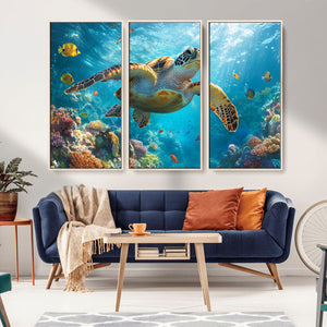 Sea Turtle Underwater Canvas Wall Art Print - Vibrant Ocean