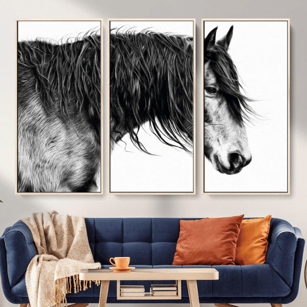 Majestic Horse Wall Art – Framed Black White Portrait Canvas