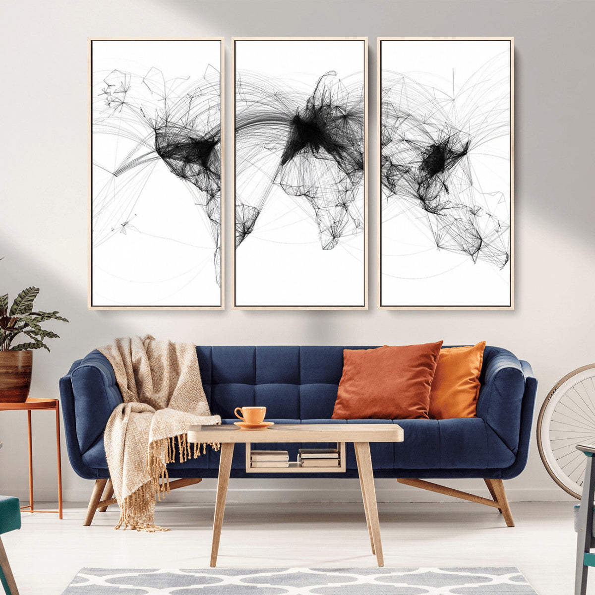Abstract World Map Wall Art – Framed Geometric Line Canvas