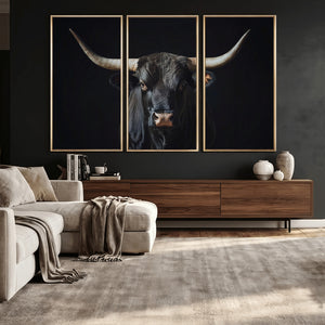 Majestic Longhorn Bull Wall Art Canvas Print – Dark