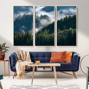 Misty Forest Wall Art Canvas Print, Serene Pine Hills and