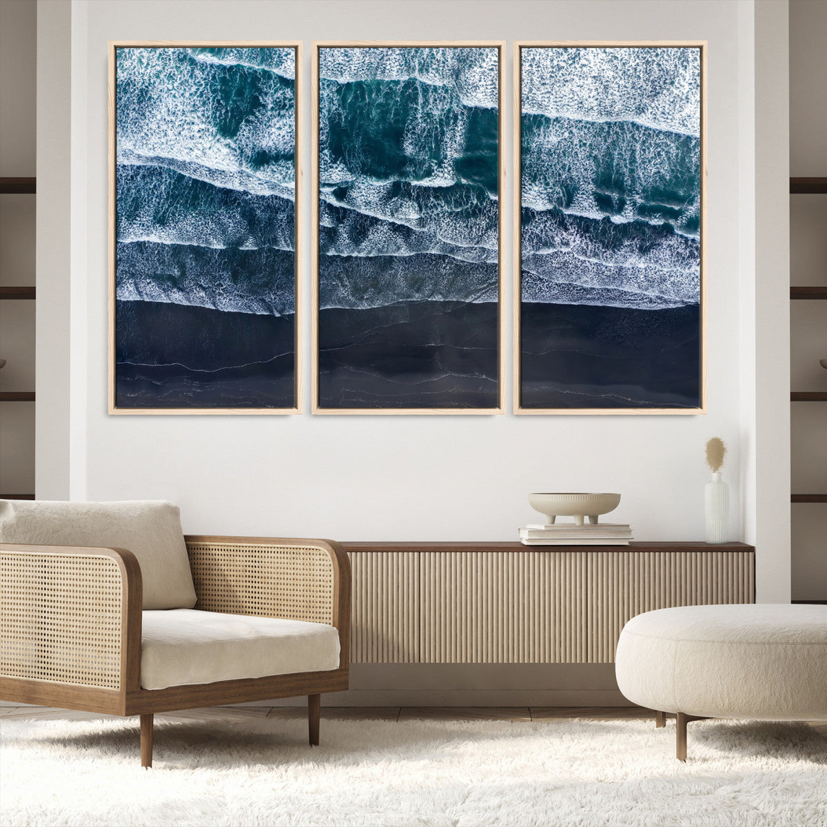 Black Beach Wall Art Canvas Print – Framed Aerial Ocean View