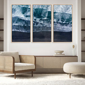 Black Beach Wall Art Canvas Print – Framed Aerial Ocean View