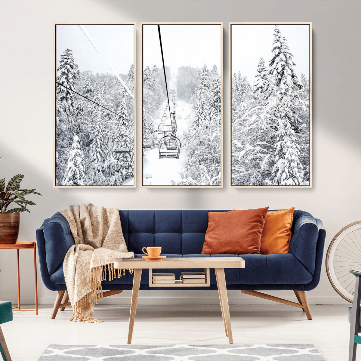 Snowy Ski Lift Wall Art – Framed Winter Mountain Canvas