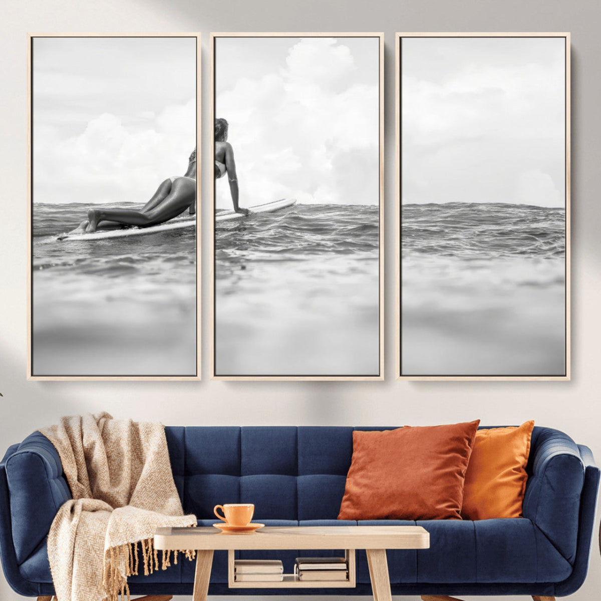 Black and White Surfing Wall Art Canvas Print – Framed Ocean