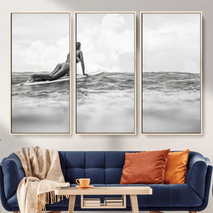 Black and White Surfing Wall Art Canvas Print – Framed Ocean