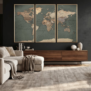 Rustic Black and Wood World Map Canvas Wall Art – Framed