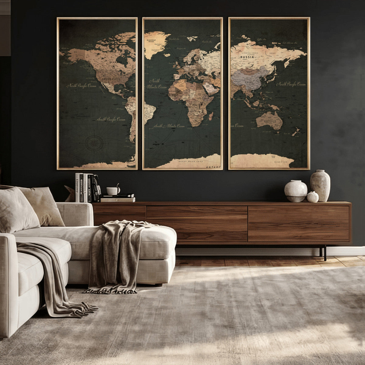 Vintage World Map Canvas Wall Art – Framed Travel Map for