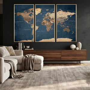 Navy Blue World Map Canvas Print – Framed Travel Map Wall