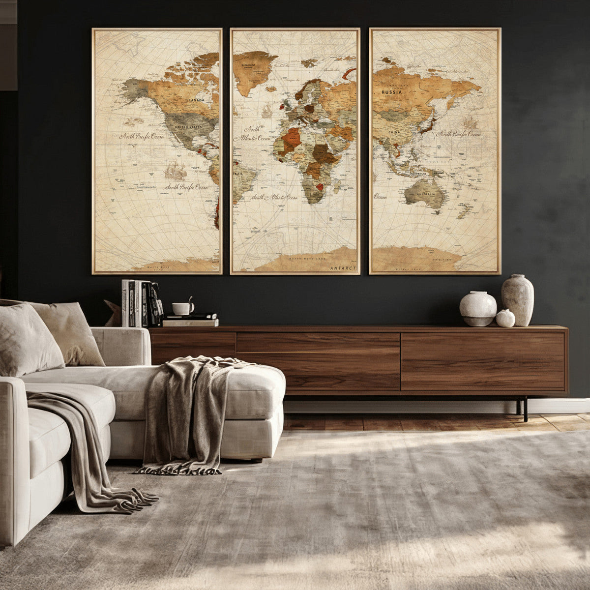 Rustic Vintage World Map Canvas Print – Framed Modern