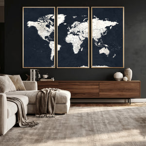 Black World Map Wall Art Canvas Print for Home Office and
