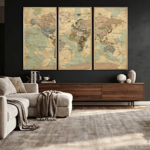 Vintage World Map Wall Art | Ready to Hang and Framed