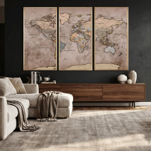 Grunge World Map Canvas Wall Art - Vintage Aged World Map