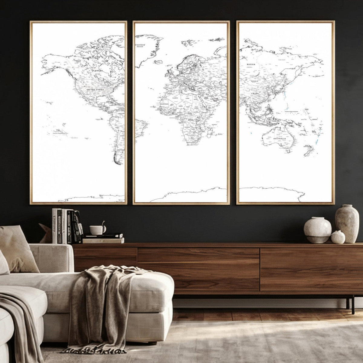 World Map Canvas Print – Framed Modern Detailed Map of the