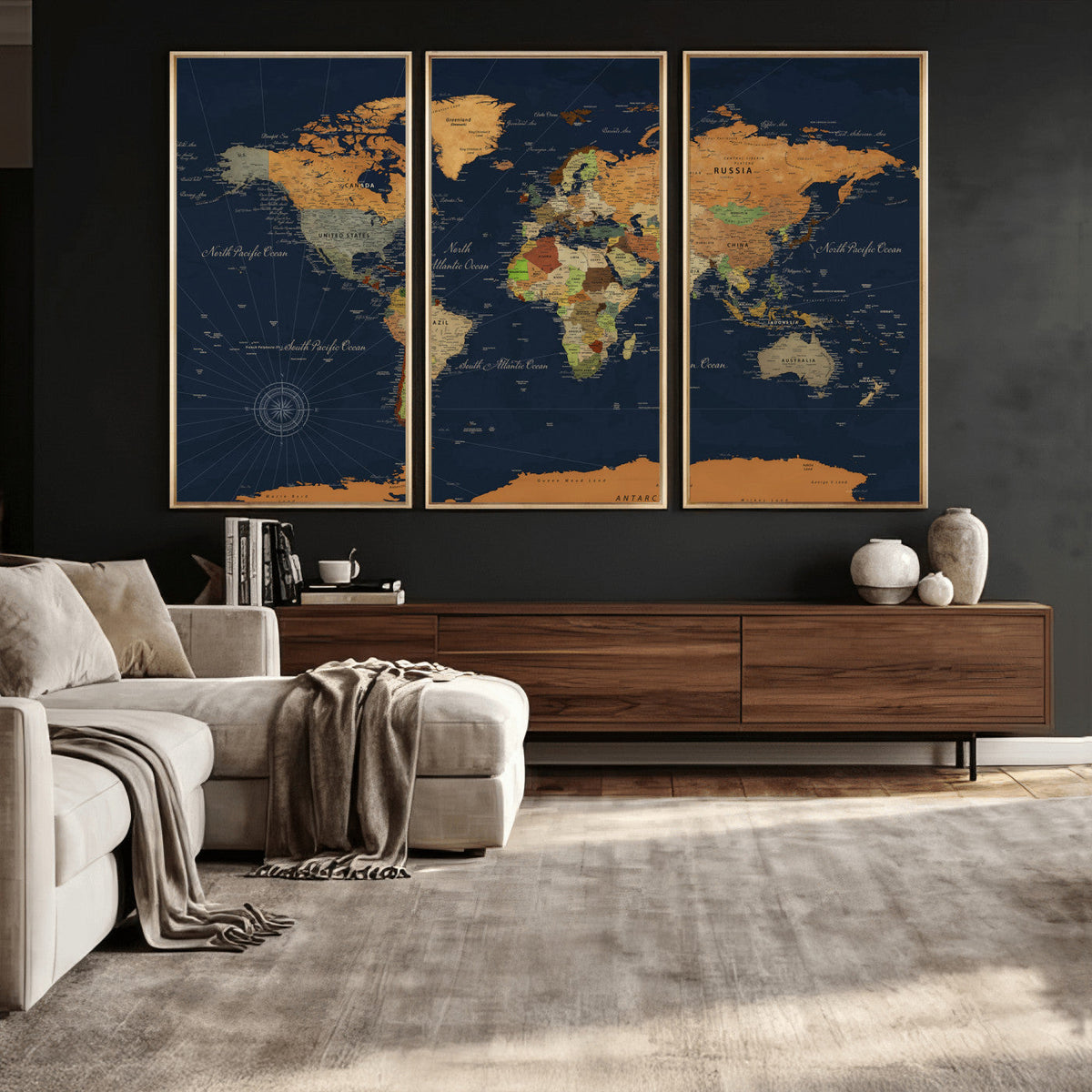Modern World Map Canvas Print – Framed Detailed Map of the