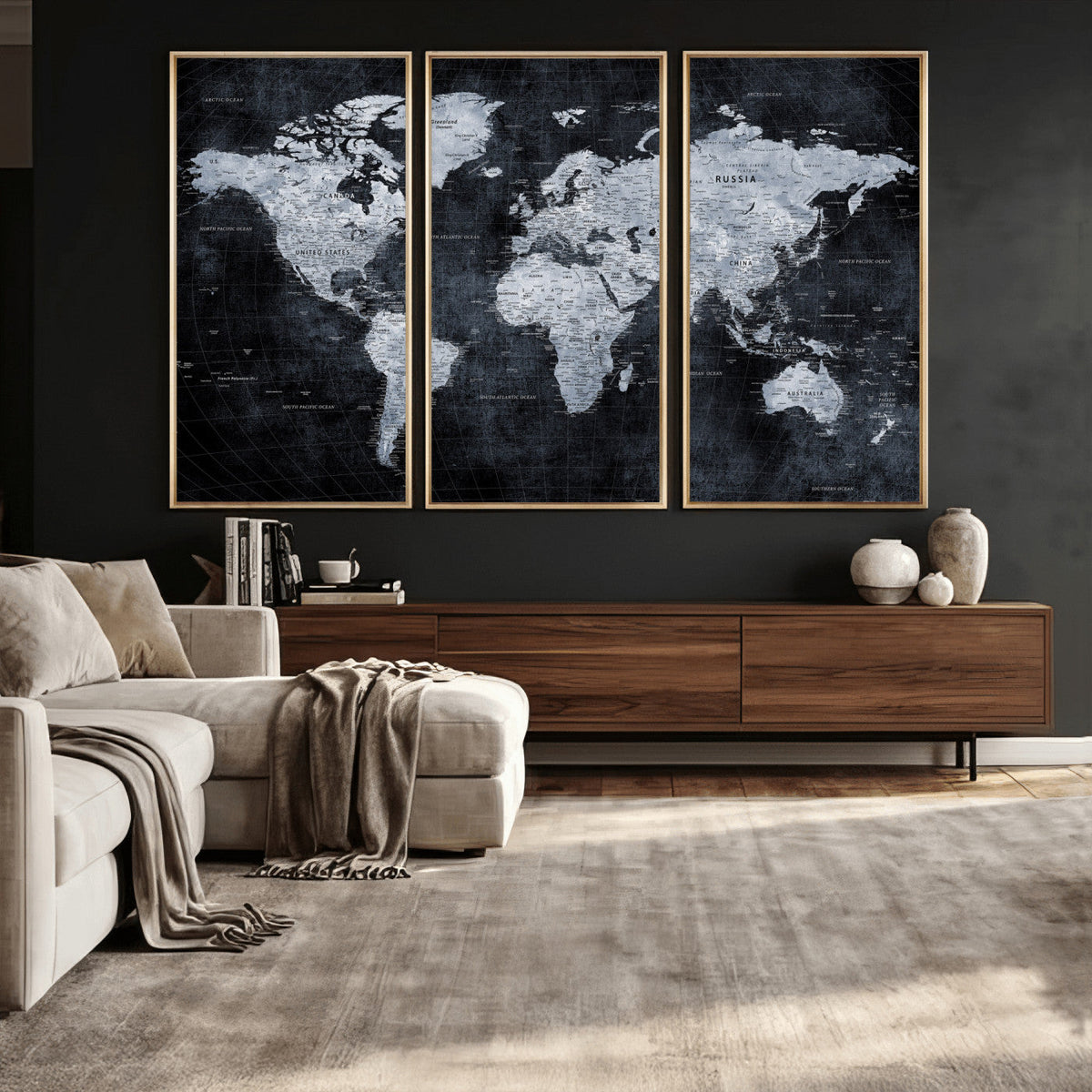 Black World Map Canvas Print – Detailed Map for Couples and